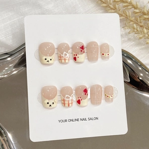 Cute Japanese short press-on nails set with hand-painted bears and heart patterns