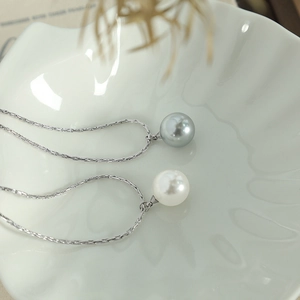French style silver snake chain necklace with elegant grey and white pearl pendants
