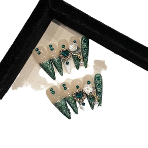Emerald green handmade press-on nails with 3D flowers, pearls and luxury crystals