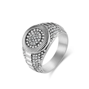 Mens hip hop style stainless steel ring with micro paved white zircon stones and silver finish