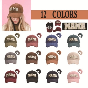 Detail display of corduroy baseball cap with MAMA embroidery in 12 different colors
