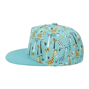 Detailed side view of teal blue kids snapback hat with cartoon giraffe and palm tree prints
