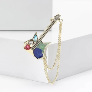 Broche Guitare Alliage Émail Strass Avec Chaîne En Métal Bijoux Instrument De Musique Pour Hommes Femmes