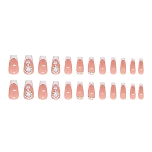French white glitter press-on nails with sparkling rhinestones and cute bow accents