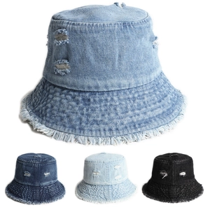 Distressed Denim Bucket Hat Frayed Edges Ripped Sun Protection Streetwear Plain Basin Hat Women Men Foldable