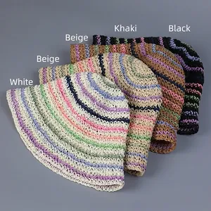 Handmade crochet straw bucket hats with colorful stripes in white beige khaki and black