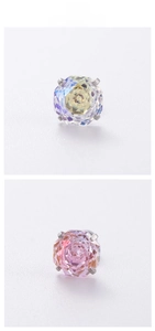 Detail view of octagon cut pink and aurora white cubic zirconia studs in silver claw settings
