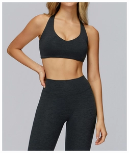 Close-up of heather grey yoga bra and high-waist leggings with elastic brushed fabric texture
