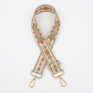 Close-up of bohemian geometric woven purse strap with gold-tone swivel hooks