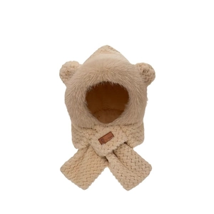 Winter plush hooded scarf with bear ears and knitted fabric for babies in beige