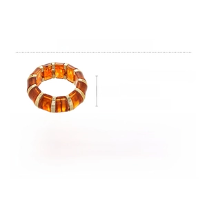 Macro detail of amber acrylic stretch bracelet with gold alloy beads and dimensions