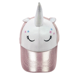 Detail of pink unicorn baseball cap with holographic horn and glitter sequin ears