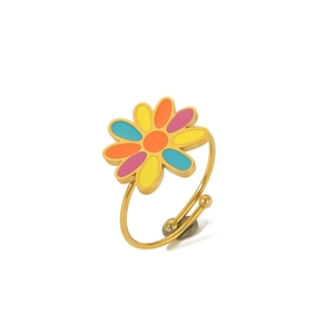 Detail showing the adjustable gold band and multi-colored enamel daisy flower charm