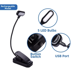 Detail view of the LED clip lamp featuring flexible gooseneck, 5 LEDs and USB port