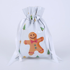 Details von weißem Lebkuchenmann Weihnachtsbeutel mit elegantem weißem Schleifenband