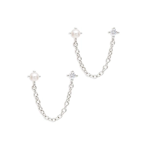 Detail of S925 silver tassel earrings featuring pearls and sparkling zircon accents