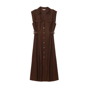 Dark brown sleeveless linen midi dress with shirt collar, waist belt, and cargo pockets