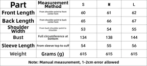 Detailed size chart for hooded puffer jacket with measurements in S, M, and L sizes