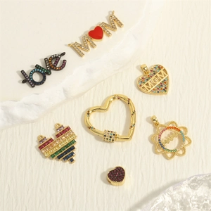 Heart Colorful Zircon Charms Copper Gold Plated For DIY Jewelry Making Pendants MOM MAMA Love Letters
