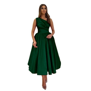 Elegant one-shoulder dark green satin midi evening dress with a flared A-line pleated skirt