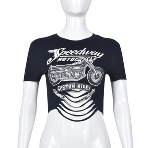 Detailed close-up of retro motorcycle print on black cropped short sleeve cotton t-shirt