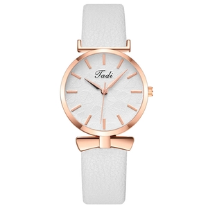 Minimalist women's watch with leaf textured dial, rose gold case and white leather strap