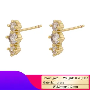 18K gold plated brass stud earrings with three vertical sparkling zircon stones