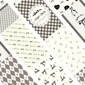 Detail of vintage waterproof stickers featuring ribbon bows and heart patterns on phone cards