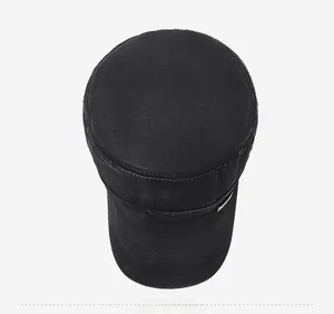 Top down view of black washed cotton military cap with silver metal hardware detail