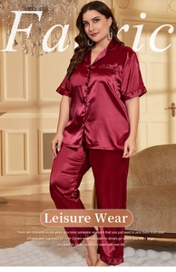Detail of maroon ice silk pajama set with short-sleeve cardigan and trousers for women
