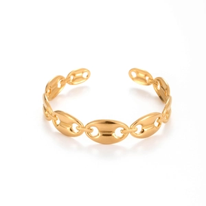 Adjustable gold stainless steel cuff bracelet with pig nose chain link design