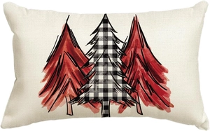 Linen Christmas pillowcase with red watercolor trees and black buffalo plaid tree pattern