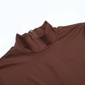 Detailansicht eines hohen Rollkragens mit halbem Reißverschluss an einem braunen Strickkleid