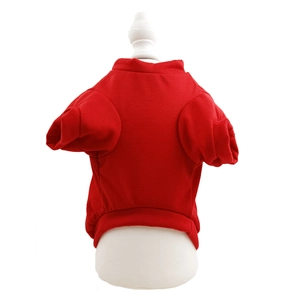 Detail of red knit pet t-shirt with ribbed edges on a white display mannequin