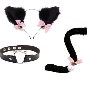 Plush cat ear headband with matching neck collar and tail set for Halloween cosplay
