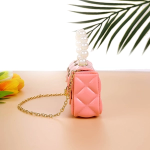 Pink quilted jelly bag for women with pearl handle and golden chain shoulder strap