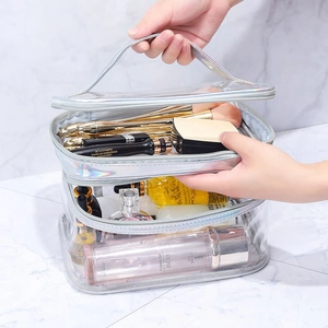 Transparent waterproof double-layer makeup bag with silver laser trim and PVC storage