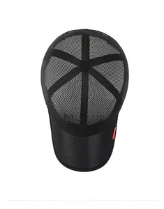 Top-down view of a black mesh baseball cap with breathable fabric and red side label