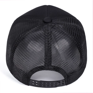 Rear view of black retro trucker hat showing breathable mesh and adjustable snapback closure