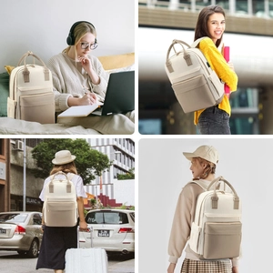 Detail views of off-white travel backpack showing compartments for school and commuting