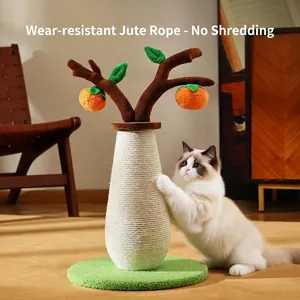 Vertical sisal cat scratching post with creative flower vase design and dangling toy balls