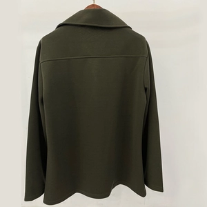 Back view of a men's olive green mid-length trench coat with a structured lapel collar
