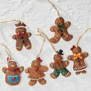 Set of six resin gingerbread man and girl Christmas tree hanging ornaments with twine