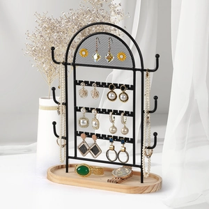 Jewelry Display Stand Rack Metal Arch Mesh Earring Holder Necklace Organizer With Wood Base For Bracelet Ring Modern