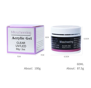 Detailed size specifications for 60ml clear acrylic nail extension gel with dimensions