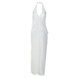 Detail of white V-neck halter dress featuring pleated chiffon texture and layered mesh