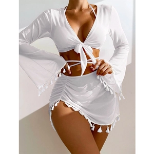 White bohemian mesh beach cover-up set with long sleeves and tassel fringe details