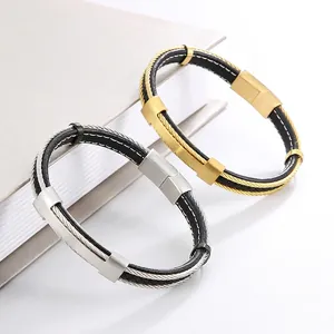 Men Braided Leather Bracelet With Stainless Steel Wire Retro Punk Style Wristband Jewelry Fashion Gift For Unisex