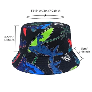 Kids black sun hat with blue dinosaur print and tropical trees, including size measurements
