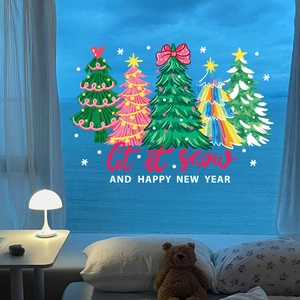 Stickers de Noël colorés pour vitres avec sapins, flocons et texte festif pour décoration